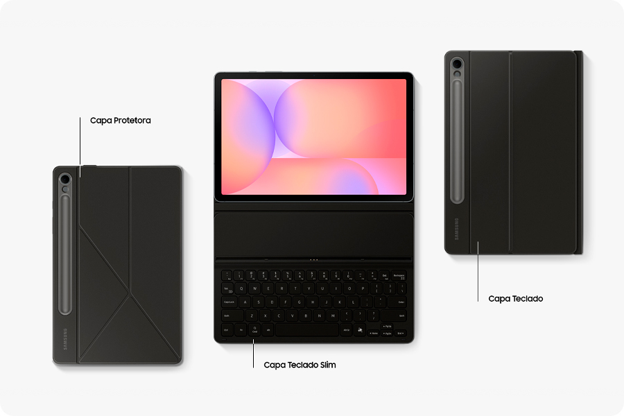 Combine facilmente com acessórios Galaxy - 
Vista plana do Galaxy Tab S10 Lite emparelhado com a Smart Book Cover com um compartimento para a S Pen na lateral, ao lado de um com a Book Cover Keyboard Slim acoplada e o protetor de tela antirreflexo aplicado. À direita, outro dispositivo é mostrado com a Book Cover Keyboard e um compartimento da S Pen visível, destacando a compatibilidade de acessórios e as opções de proteção.